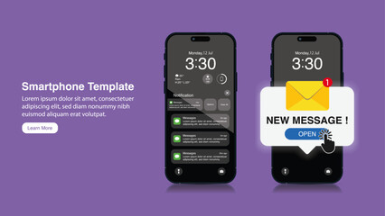 Poster - Realistic smartphone mockup with New messages notification concept. New message alert and pop-up. Incoming and open messages and emails. Vector.