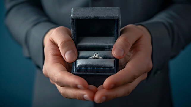 Close-up photo of a man holding a black velvet ring box with an engagement ring on a blue background. Generative AI illustration 