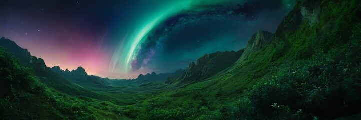 A beautiful view of aurora in northern sky night over the hills. Green and blue northern lights background wallpaper