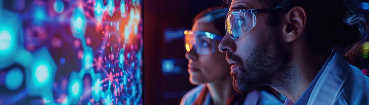 Scientists using advanced technology analyze data on a futuristic screen, wearing safety goggles, for research and innovation.