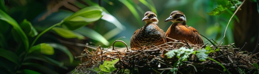 Two beautiful birds in a lush green forest setting nest, surrounded by foliage, lit by natural sunlight capturing their serene habitat.