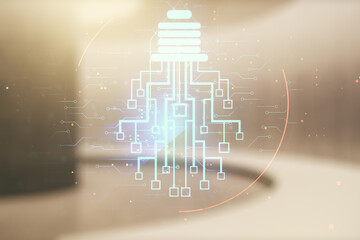 Poster - Double exposure of virtual creative light bulb hologram with chip on empty modern office background, idea and brainstorming concept