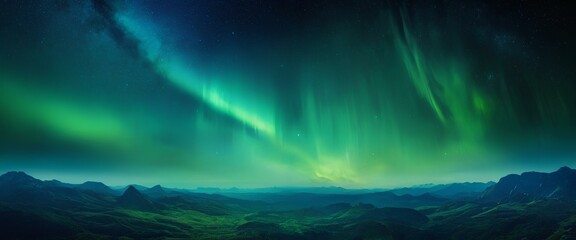 Wall Mural - A beautiful view of aurora in northern sky night over the hills. Green and blue borealis northern lights background wallpaper