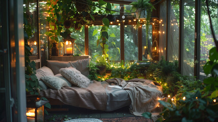 Wall Mural - A bedroom with a bed, pillows, and a blanket. String lights, lanterns, candles. Surrounded by lush greenery. Relaxing atmosphere