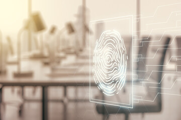 Aufkleber - Multi exposure of virtual fingerprint scan interface on a modern furnished office interior background, digital access concept