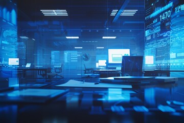 Leinwandbilder - Modern Office Technology: Digital Workspace with Futuristic Computers and Secure Network Data in a Cyber Environment, Generative AI