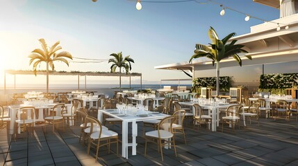 Elegant outdoor dining setup on a terrace with palm trees and sunset views, creating a luxurious atmosphere for al fresco meals. 