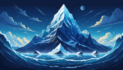 a painting of a mountain in the middle of the ocean