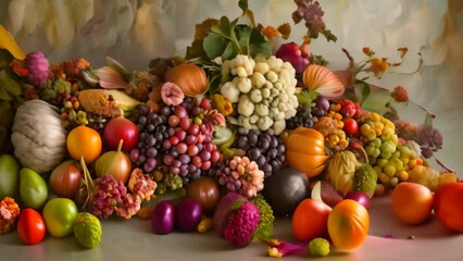 Sticker - A vibrant painting featuring a variety of colorful fruits and vegetables piled together in a cornucopia, A cornucopia of flavors and textures