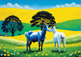 Wall Mural - a painting of two goats standing in a field