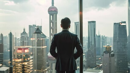 Sticker - A man in sharp suit standing at a window, overlooking the city skyline, A corporate leader wearing a sharp suit and looking out at a bustling city skyline