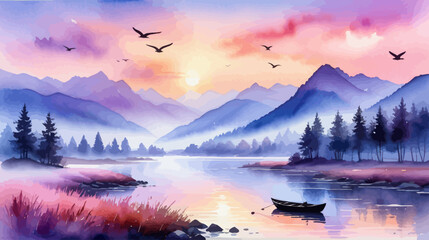 Wall Mural - a painting of a lake with a boat in it