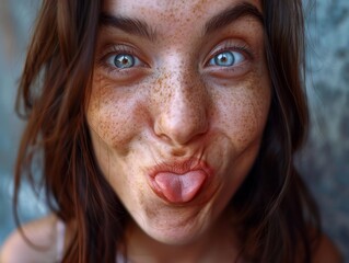 Wall Mural - close-up portrait of a young woman with freckles and blue eyes