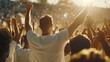 © AriyaniAI - illustration of many sports fans cheering victory together happily and excited to watch their favorite football team in the football soccer stadium. Cheering sports fans wear white shirts.