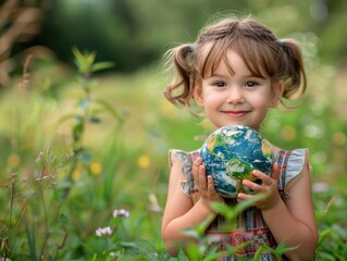 The little girl holds the Earth in her hand