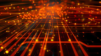 Poster - futuristic neon lines form a high-tech grid. orange and yellow connectivity concept.