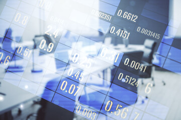 Poster - Multi exposure of stats data illustration on a modern furnished office background, computing and analytics concept