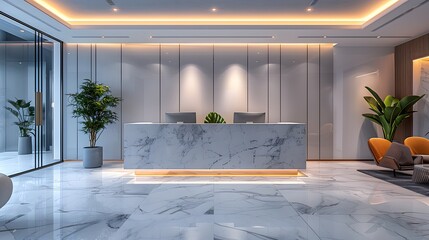 Modern office lobby interior with a marble reception desk illuminated by elegant lighting fixtures 