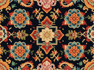 Seamless colorful background with flowers Abstract graphic lines Luxurious patterned fabric, vintage style.