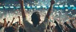 © AriyaniAI - illustration of many sports fans cheering victory together happily and excited to watch their favorite football team in the football soccer stadium. Cheering sports fans wear white shirts.