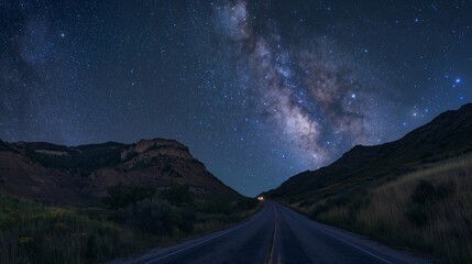 Wall Mural - A mountain road at night under a starry sky, with the Milky Way visible above and the road gently illuminated by moonlight. 32k, full ultra hd, high resolution