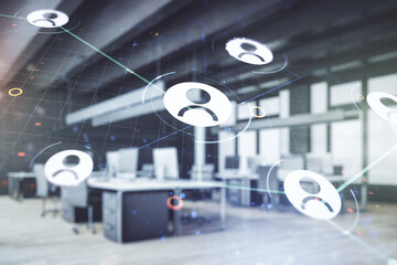 Poster - Abstract virtual social network hologram on a modern furnished classroom background. Double exposure