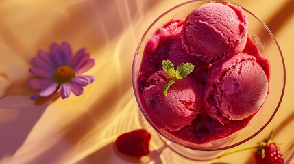 Wall Mural - Delicious homemade raspberry sorbet in a glass bowl