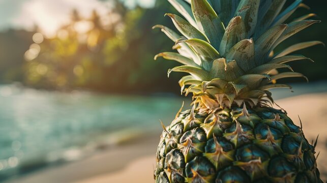Close-up of a fresh pineapple in a tropical setting