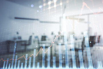 Poster - Abstract virtual financial graph hologram on a modern furnished classroom background, financial and trading concept. Multiexposure