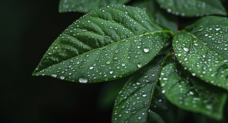 Wall Mural - Close-up of green leaves with water droplets