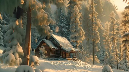 Wall Mural - A cabin tucked amidst snow-covered trees in a forest during winter, A cozy cabin nestled in a clearing in the woods