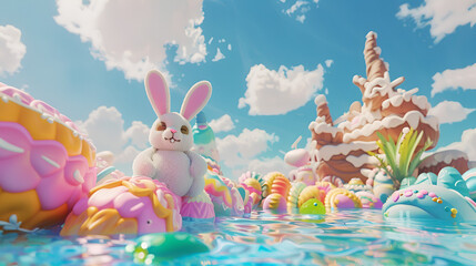 Colorful beautiful Easter dream with Easter bunny on vacation trip created with generative ai technology