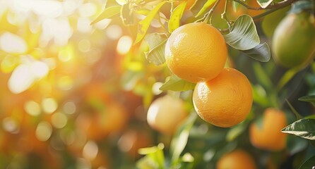 Wall Mural - Ripe oranges hanging on a tree branch