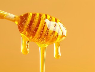 Poster - Close-up of golden honey dripping from a wooden dipper