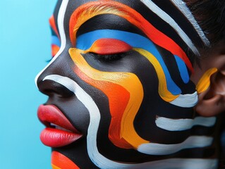 Facial painting, zebra stripes, close-up