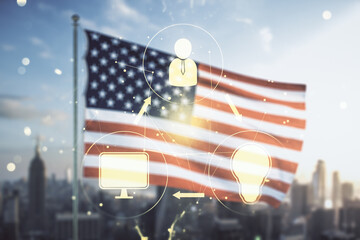 Poster - Double exposure of social network icons hologram on US flag and city background. Networking concept