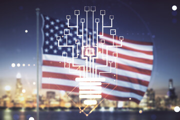 Poster - Double exposure of virtual creative light bulb hologram with chip on USA flag and blurry skyscrapers background, idea and brainstorming concept