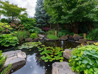 Sticker - Serene backyard garden with pond and lush foliage