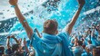 © AriyaniAI - group of Sky Blue football team fans cheer and celebrating a winning tournament or winning league in street. the fans wearing sky blue shirt . Generative AI