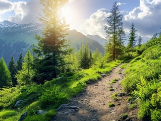 Poster - Scenic mountain trail through lush green forest