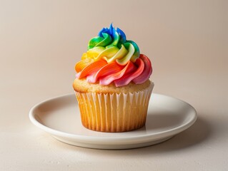 Wall Mural - Colorful rainbow cupcake on a white plate