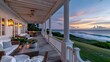 © Athena - Luxurious beachfront porch with comfortable seating overlooking a serene ocean sunset, ideal for relaxation and leisure themes.