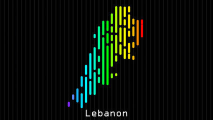 A map of Lebanon is presented in the form of colorful vertical lines against a dark background. The country's borders are depicted in the shape of a rainbow-colored diagram.