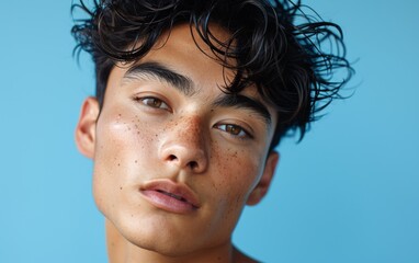 Wall Mural - A detailed view of a genderfluid young man with freckles in his hair