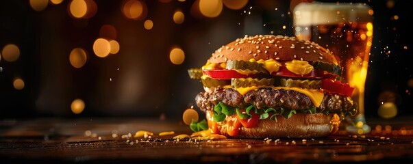 Delicious cheeseburger with melted cheese, pickles, and tomato served with a glass of beer on a wooden table with bokeh lights in the background.