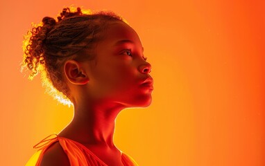 A woman with braids stands in front of a vibrant orange background