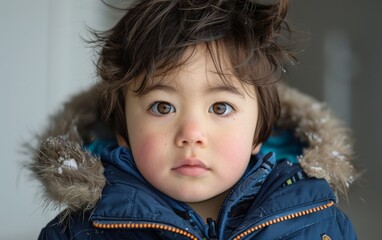 A young child, of Inuit descent, dressed in a blue jacket with a hood