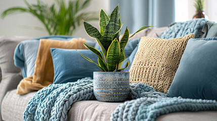 Stylish home interior with a vibrant plant in a decorative pot, white cushions, and modern furniture