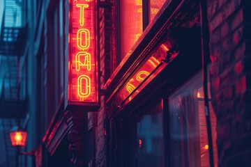 Fototapete - Bold neon typography signs on street, Neon street on night photo