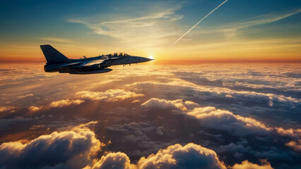 a military fighter jet flying over the clouds at sunset